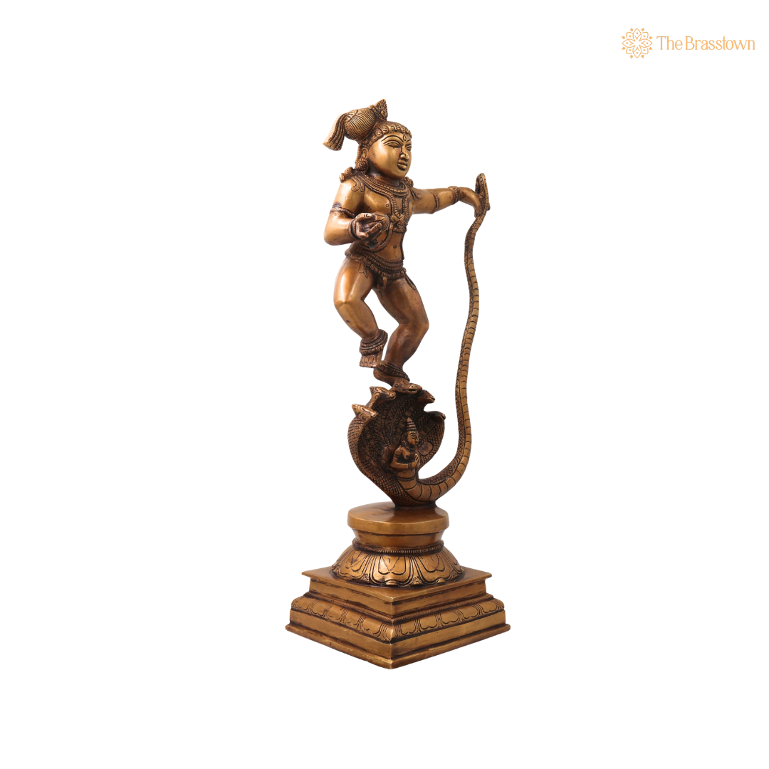 Brass Kaliya Daman Bala Krishna Idol – Handcrafted Chola Style Kaliya Daman Govinda Murti for Pooja, Home Mandir, Décor &amp; Spiritual Gifting 19 Inch