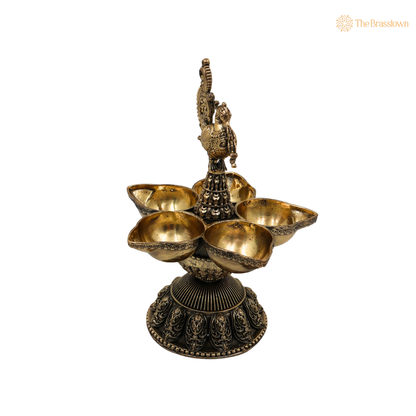Traditional Peacock Deepam Diya – Mayur Design Oil Lamp (Peetal Deepak) for Puja, Aarti &amp; Home Mandir Décor 6.5 Inch