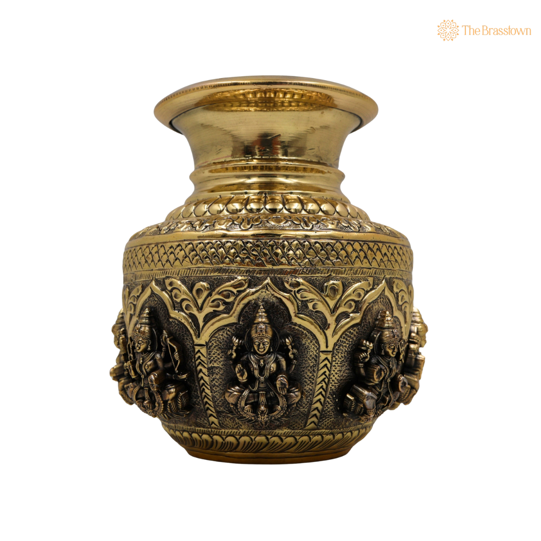 Brass Handcrafted Asta Lakshmi Kalash Lota – Handcrafted Peetal Pooja Kalash for Prosperity, Wealth &amp; Home Temple Décor 6 Inch