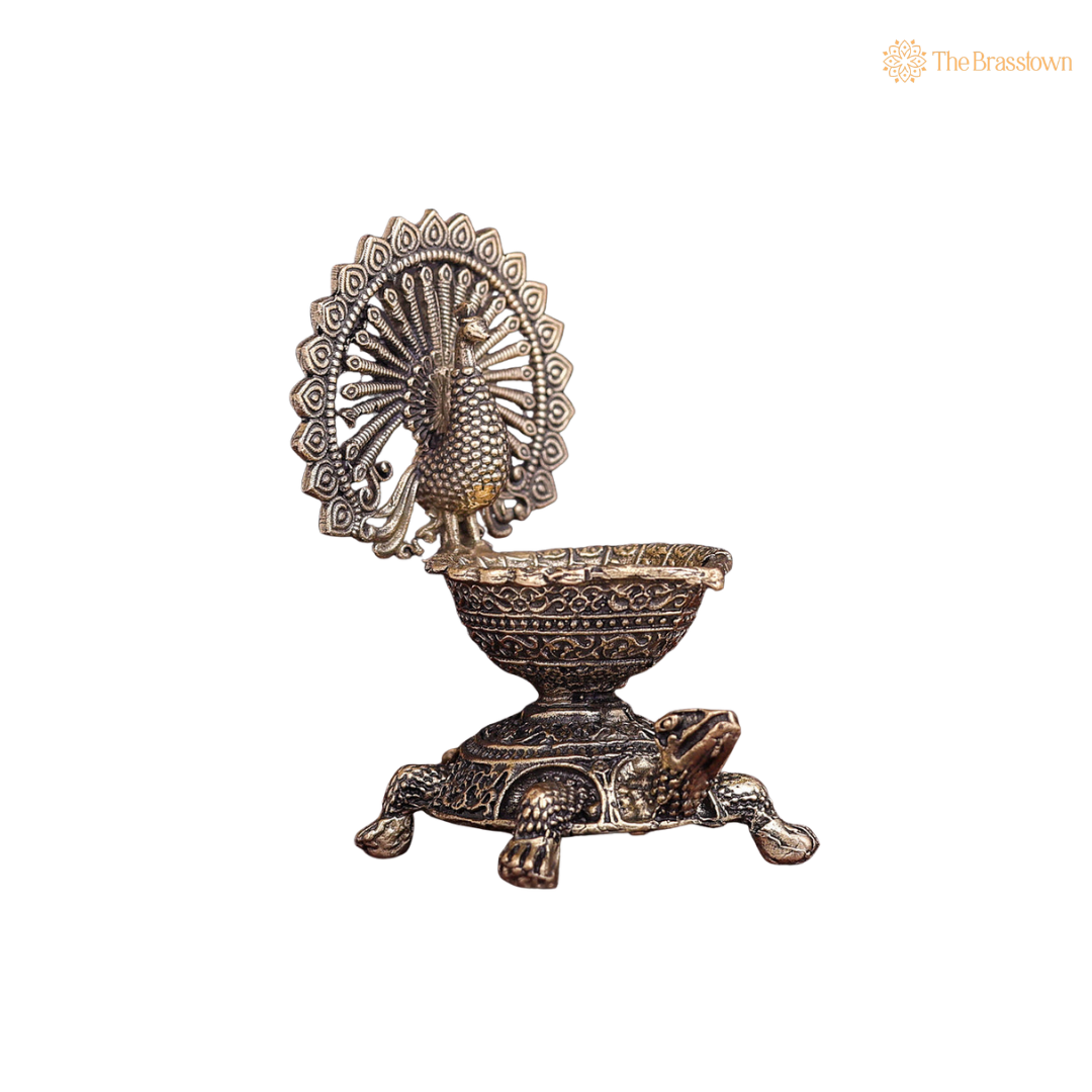 Brass Superfine Designer Peacock Diya 3.5 Inch side view – antique finish detail