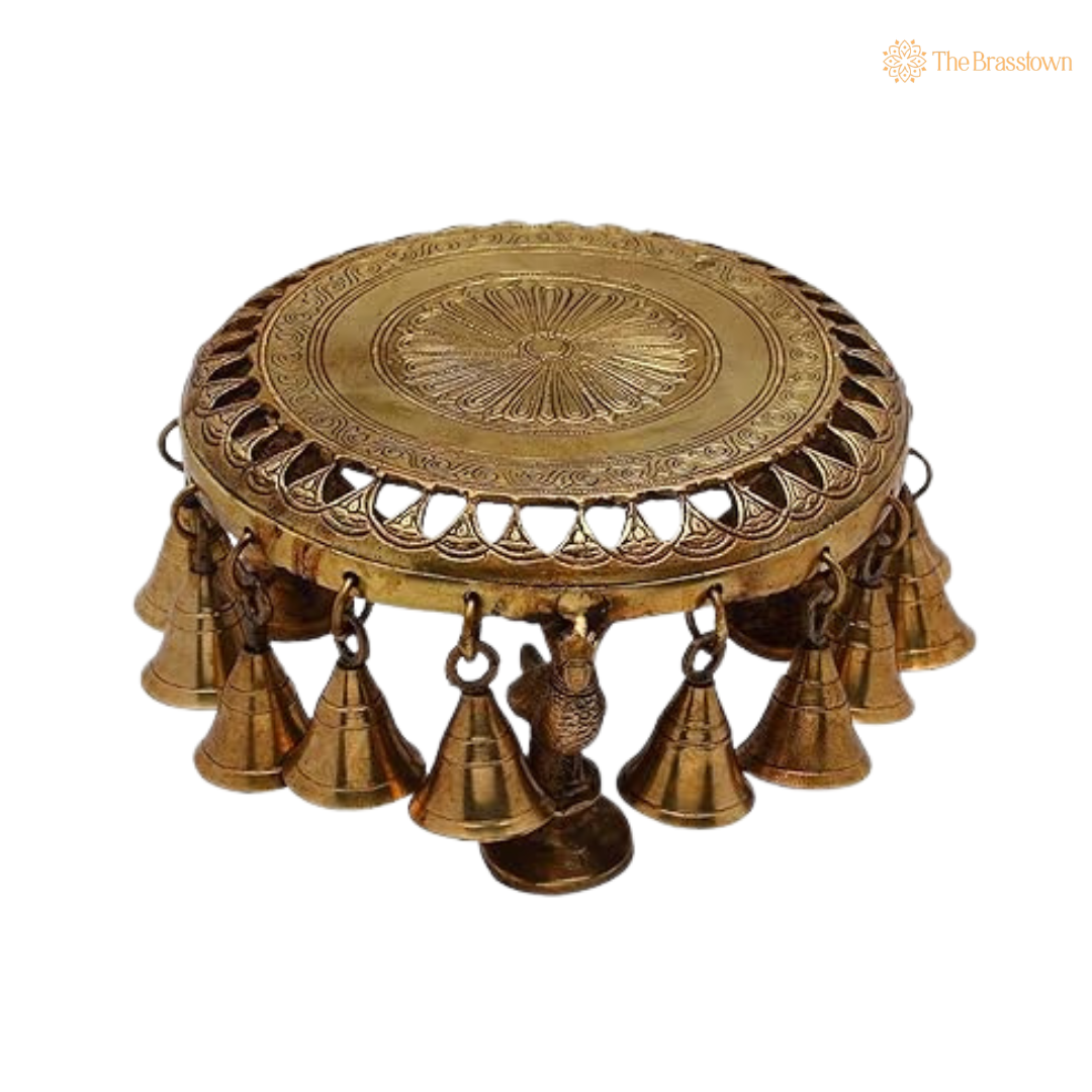 Antique Brass Puja Chowki with Bells – Hindu Temple Chowki for Idols, Puja &amp; Home Mandir 4 Inch
