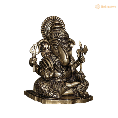 Brass Sitting Ganesha Idol 3 Inch side view – antique finish detail