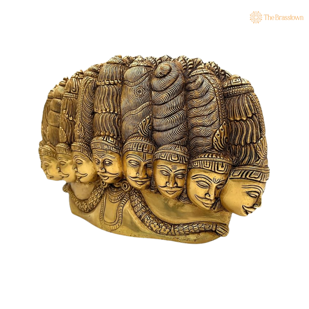 Handcrafted Brass 10-Headed Ravana with 6.5 Inch side view – antique finish detail