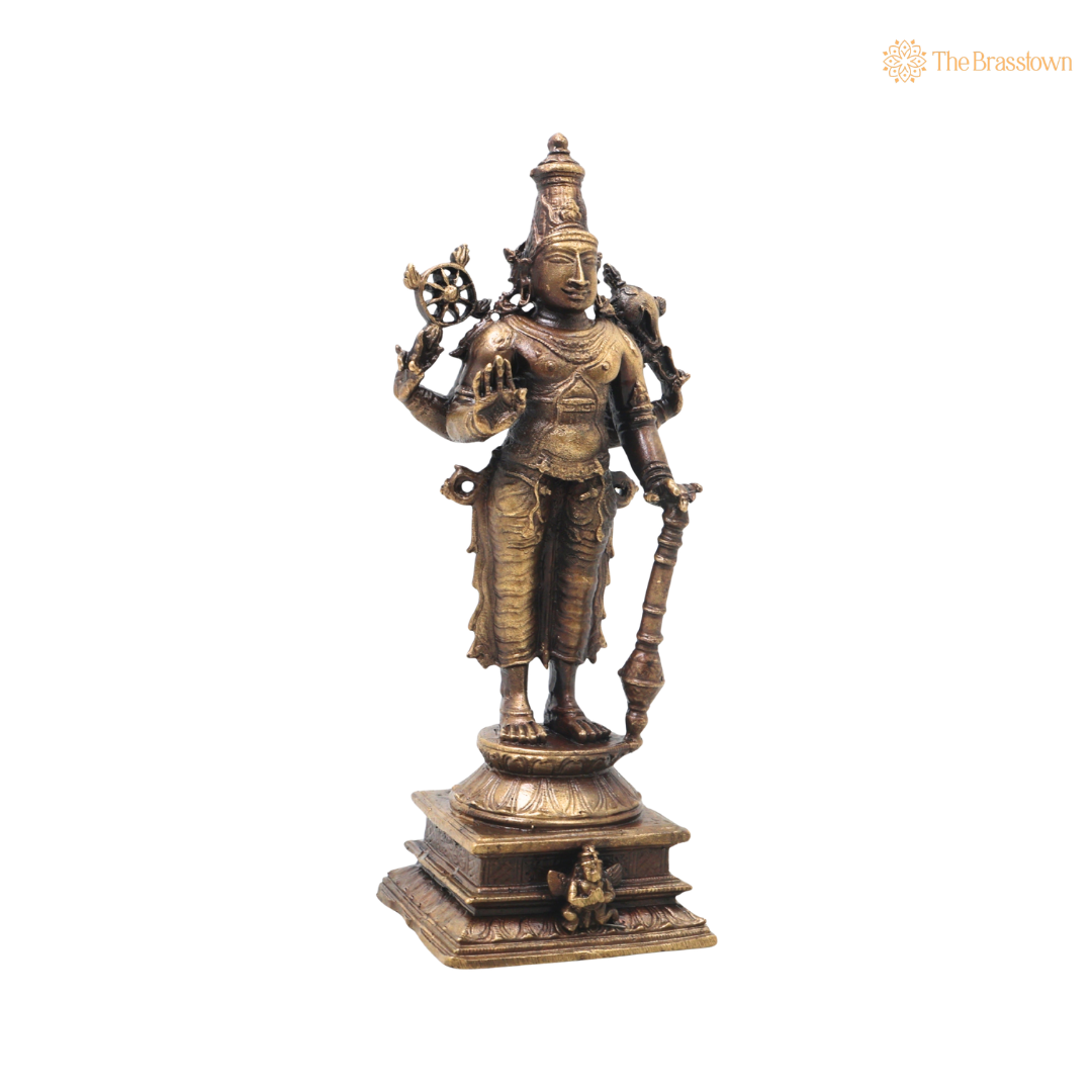 Unique Brass Vishnu Idol –  Handcrafted Narayana Govinda Murti Traditional Chola Sculpture for Pooja Home Decor Gifting Spiritual Decor 5 Inch