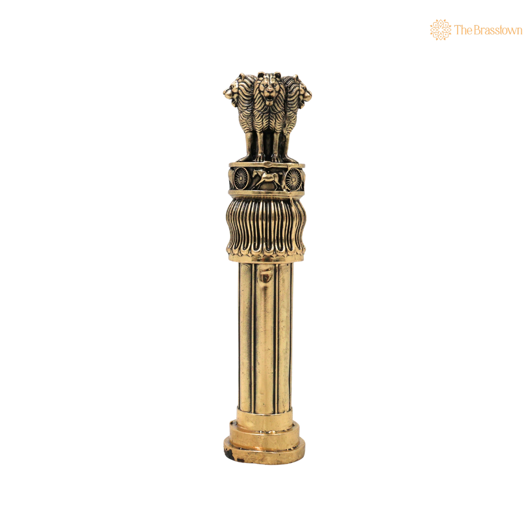 Brass Handcrafted Ashoka Stambh Idol – Traditional National Emblem Lion Capital Decorative Showpiece for Home &amp; Office Décor 6 Inch