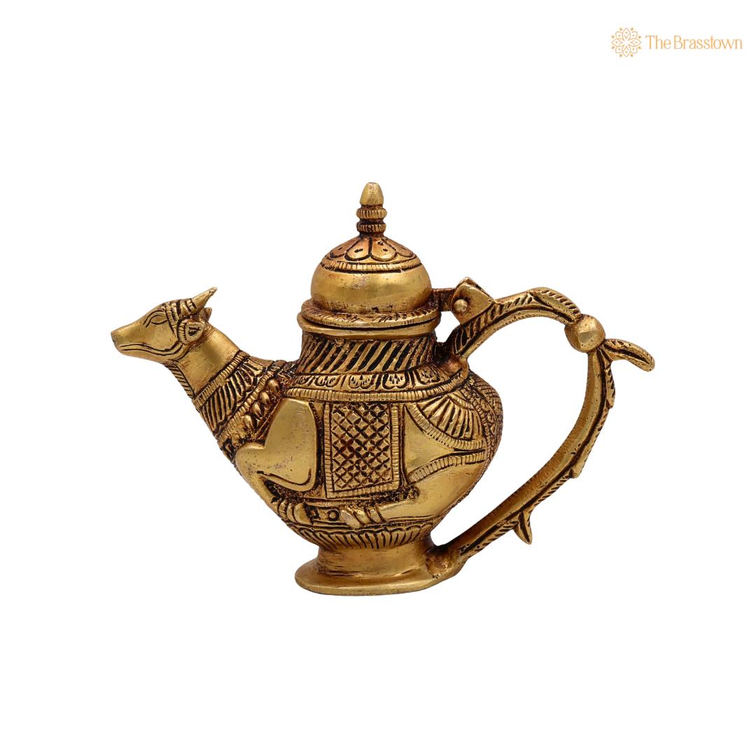 Brass Ganga Jali Water Kamandal with Cow Face – Pital Gangajali Kamandal for Puja, Ganga Jal Storage, Rishi Muni Kalash &amp; Hindu Rituals 5.5 Inch