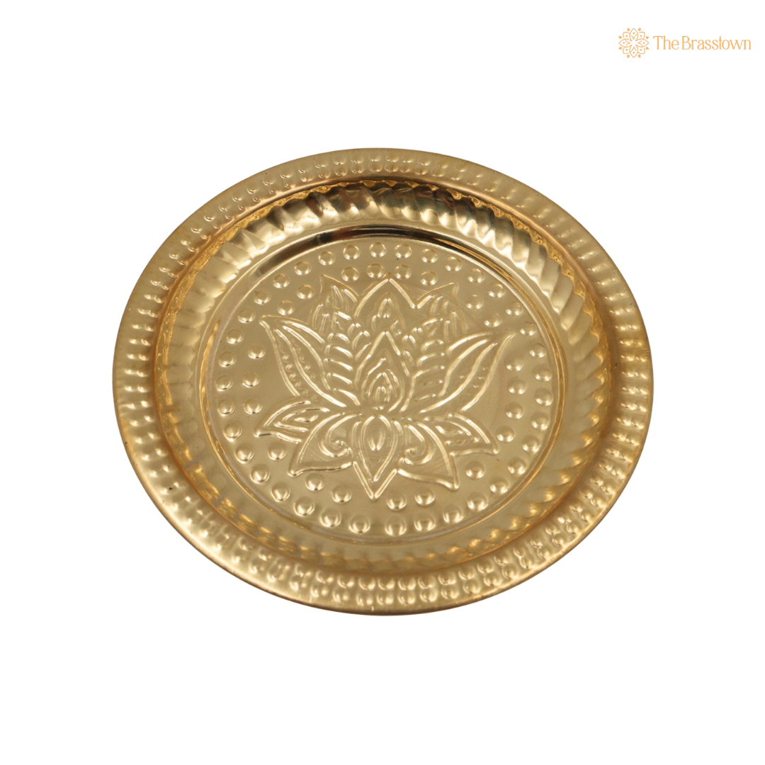 Handcrafted Brass Pooja Thali – Traditional Peetal Aarti Plate (Pital Puja Thambalam) for Hindu Worship &amp; Temple Rituals 1 Inch