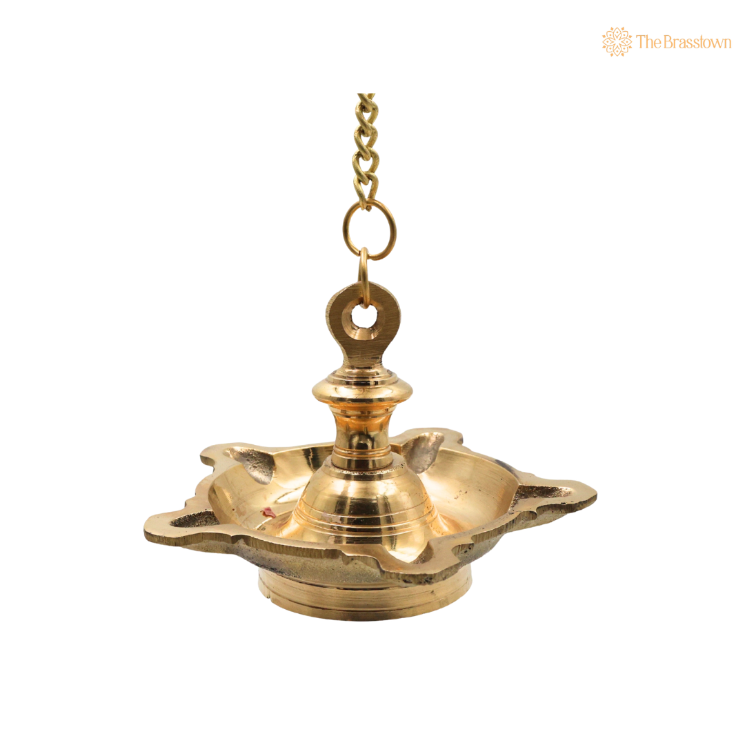 Hanging Brass Lamp Pooja Diya – Traditional Peetal Thooku Vilakku Deepam for Temple, Home Mandir &amp; Spiritual Décor 4.5 Inch