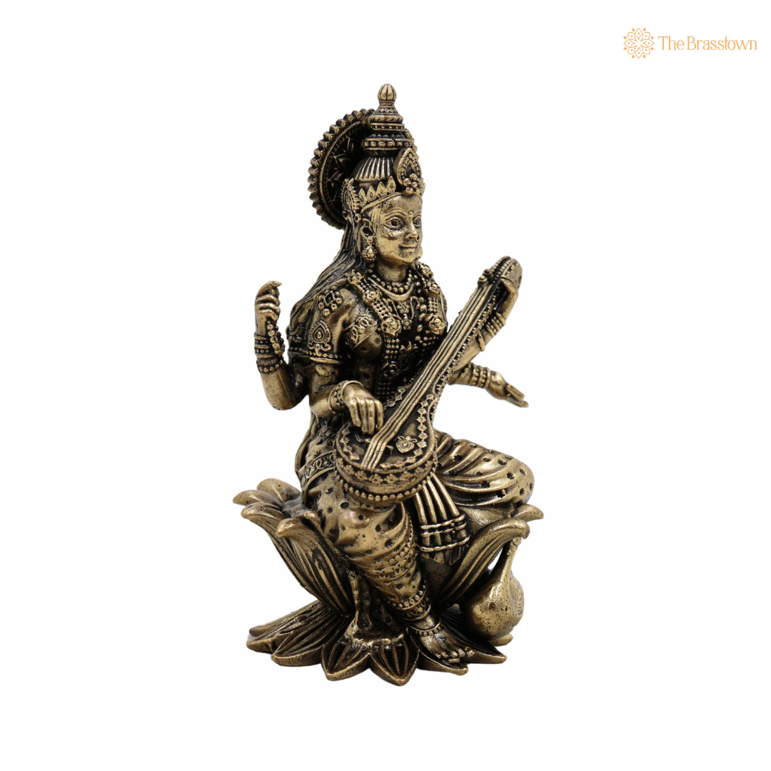 Brass Saraswati Idol 4.5 Inch closeup – intricate craftsmanship