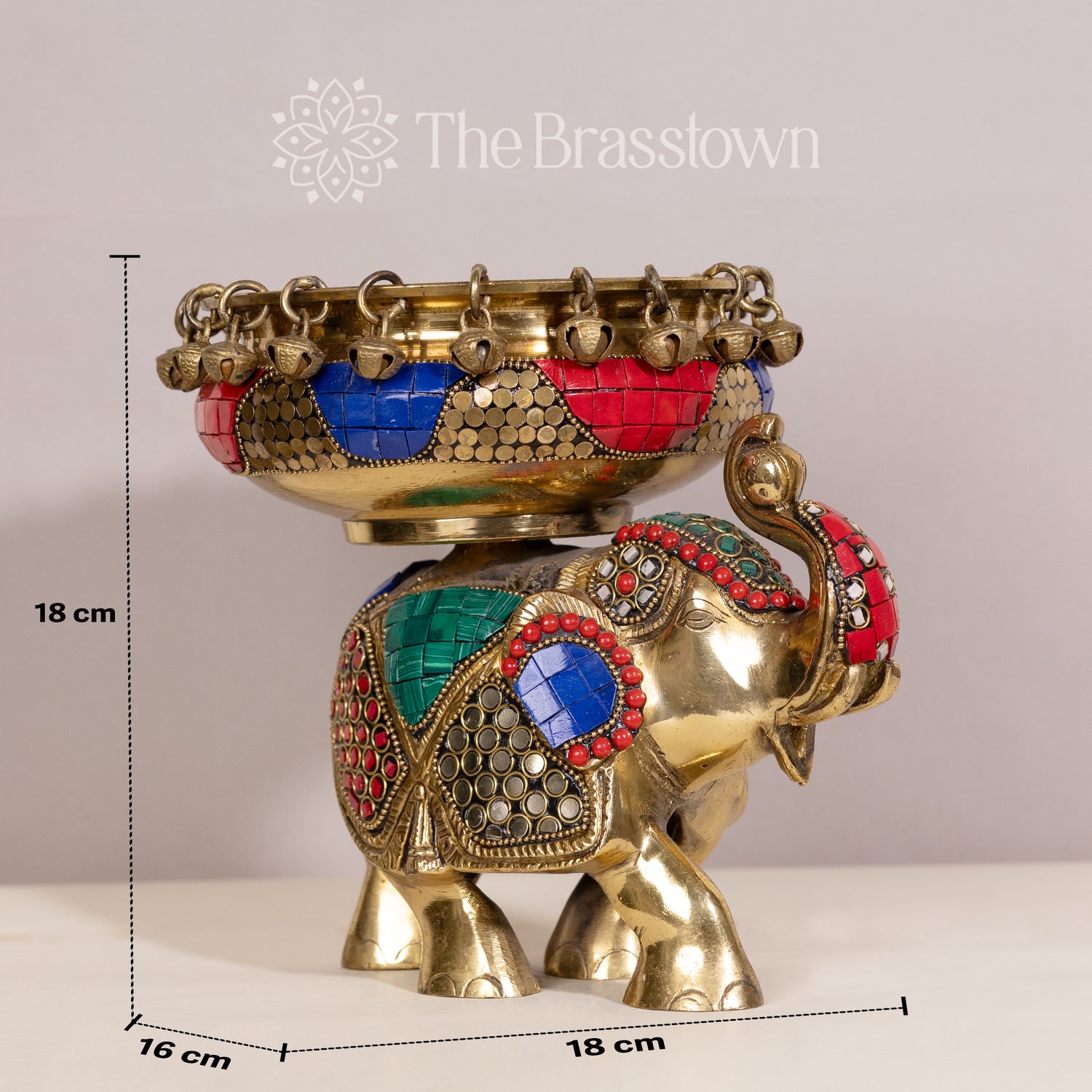Brass Elephant Urli with Colorful Stone Inlay