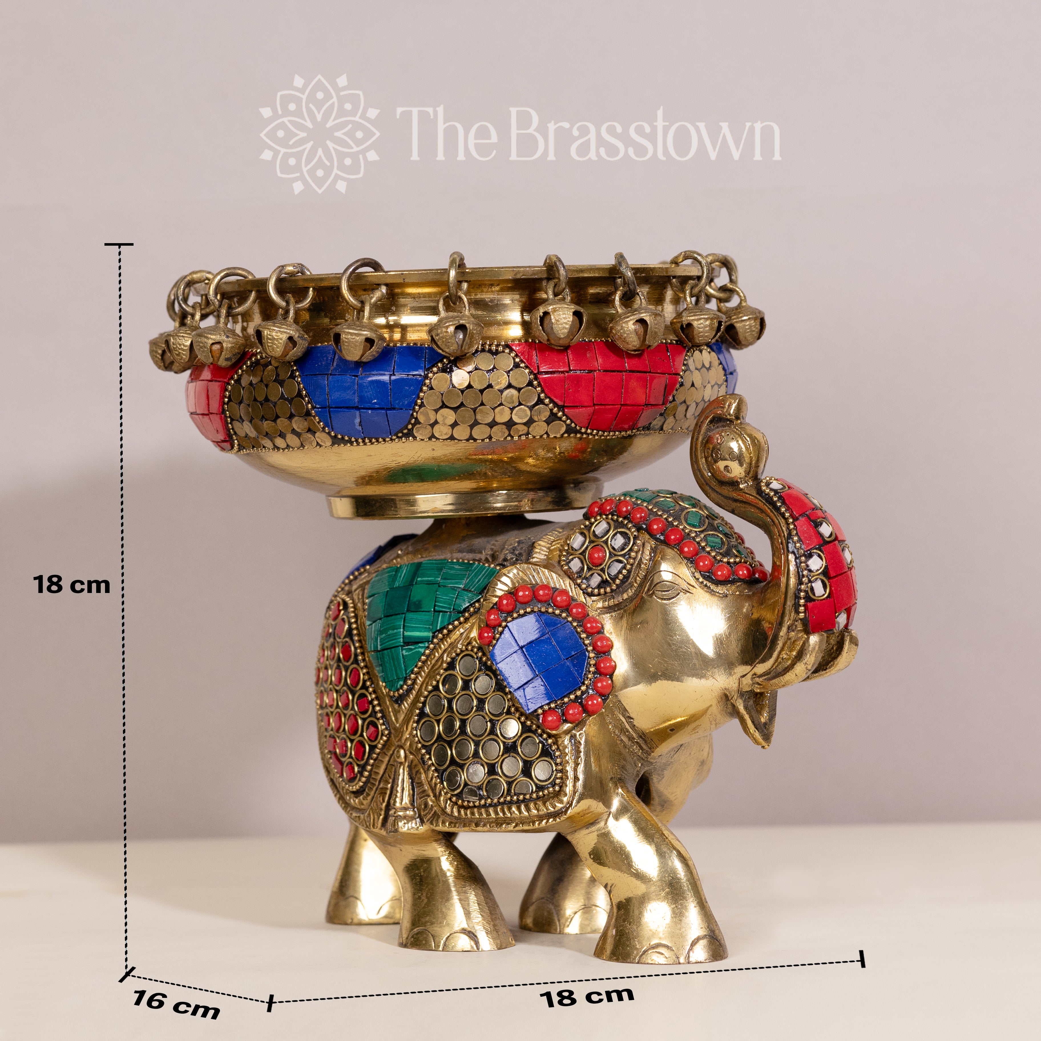 Brass Elephant Urli with Colorful Stone Inlay