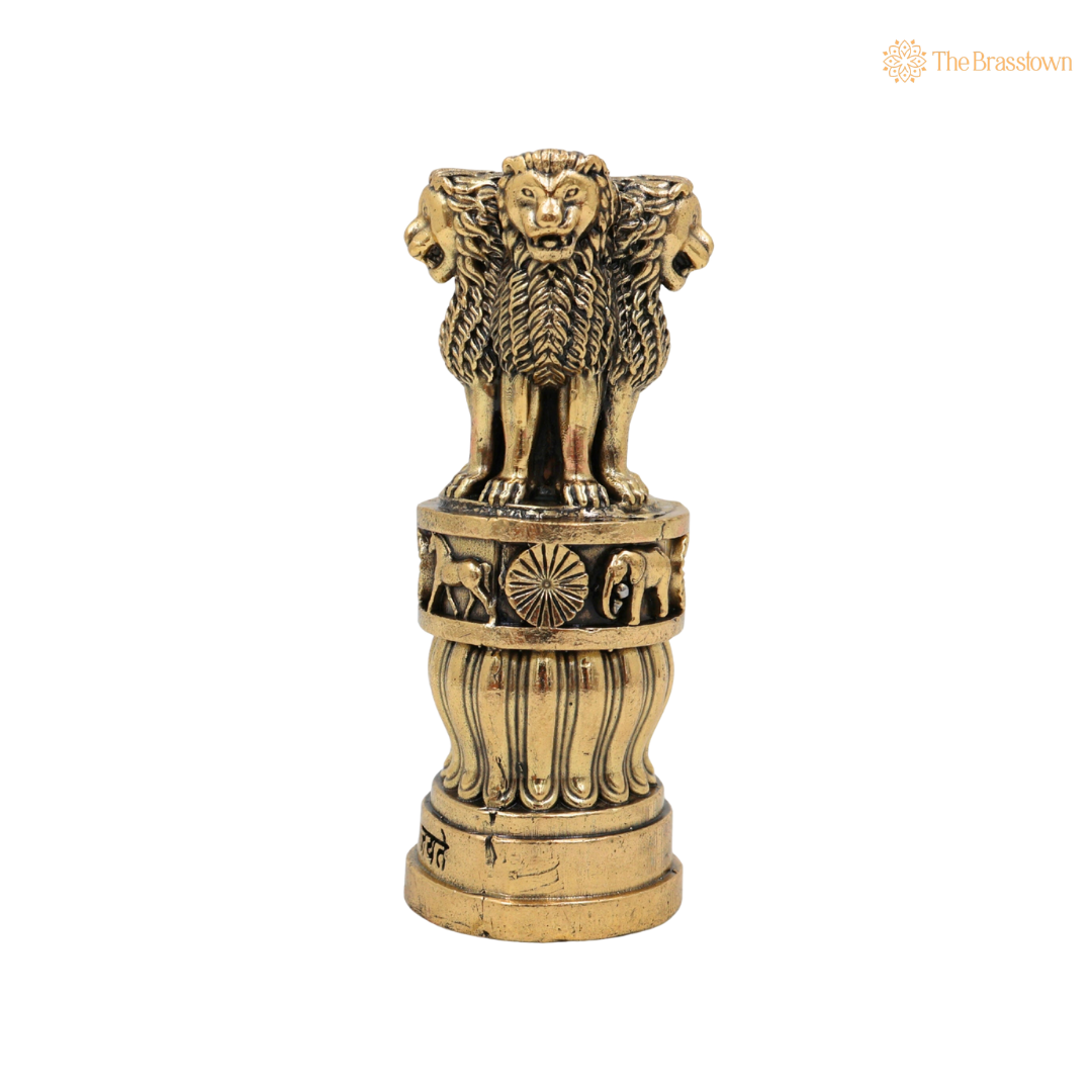 Brass Handcrafted Ashoka Stambh Idol – National Emblem Lion Capital Decorative Showpiece for Home &amp; Office Décor 4 Inch