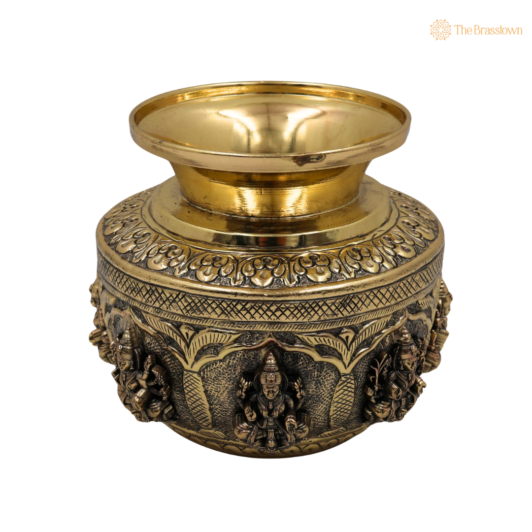 Handcrafted Brass Asta Lakshmi Kalash Lota – Handcrafted Peetal Pooja Kalash for Prosperity, Wealth &amp; Home Temple Décor 5 Inch