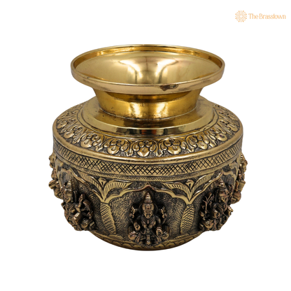 Handcrafted Brass Asta Lakshmi Kalash Lota – Handcrafted Peetal Pooja Kalash for Prosperity, Wealth &amp; Home Temple Décor 5 Inch