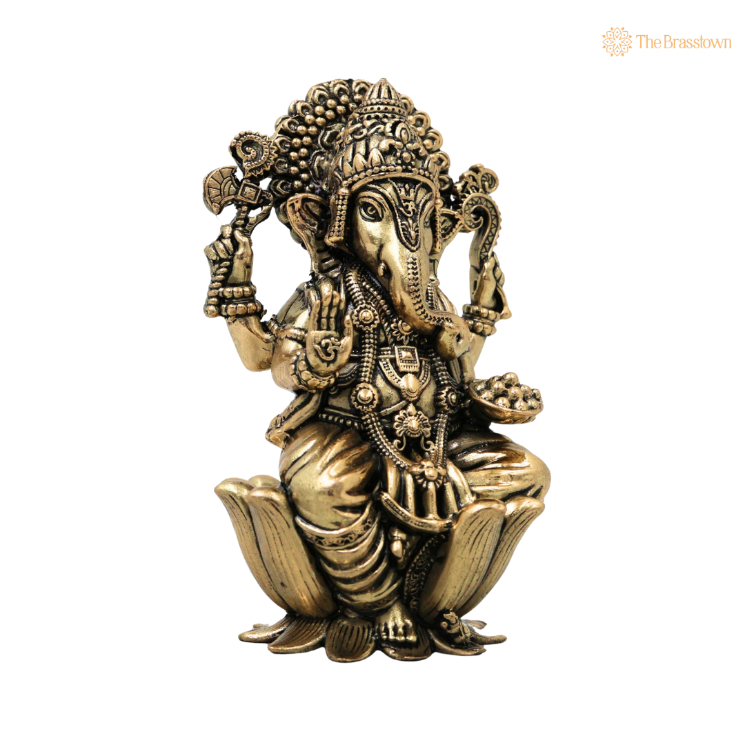 Handcrafted Brass Ganpati Bappa Idol – Unique Lord Ganesha Murti (Vinayaka) for Puja, Home Mandir &amp; Décor 4 Inch