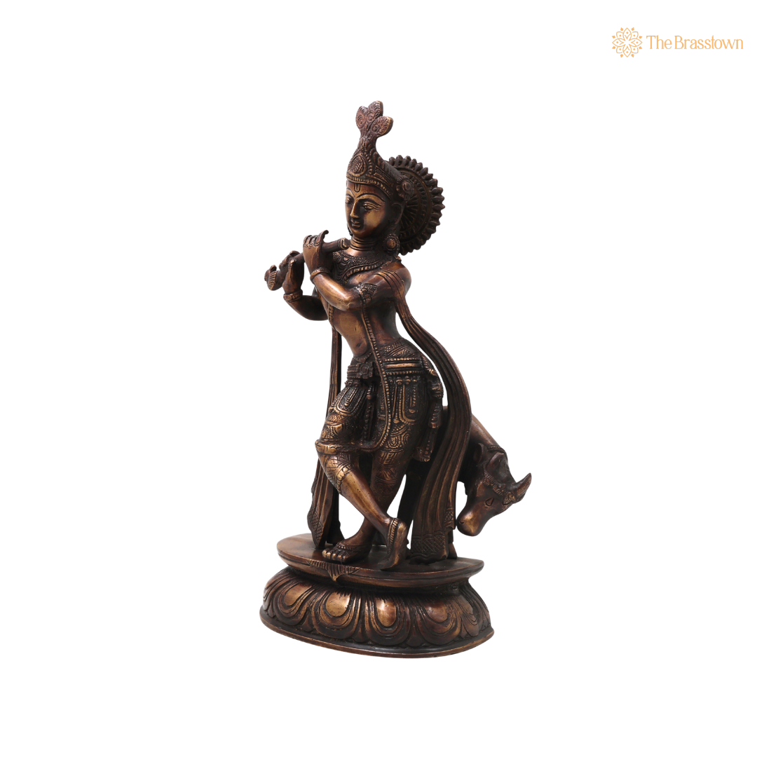 Brass Gopala Krishna with Cow Statue – Handcrafted Chola Style Kaliya Daman Govinda Murti for Pooja, Home Mandir, Décor &amp; Spiritual Gifting 14 Inch