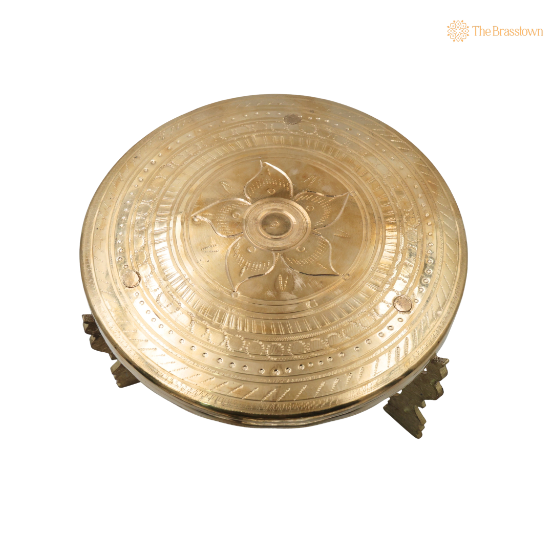 Brass Aasan Pooja Stand Chowki – Traditional Peetham Singhasan Circular Idol Display Base for God Idols, Diya, Urli &amp; Temple Décor 5.5 Inch