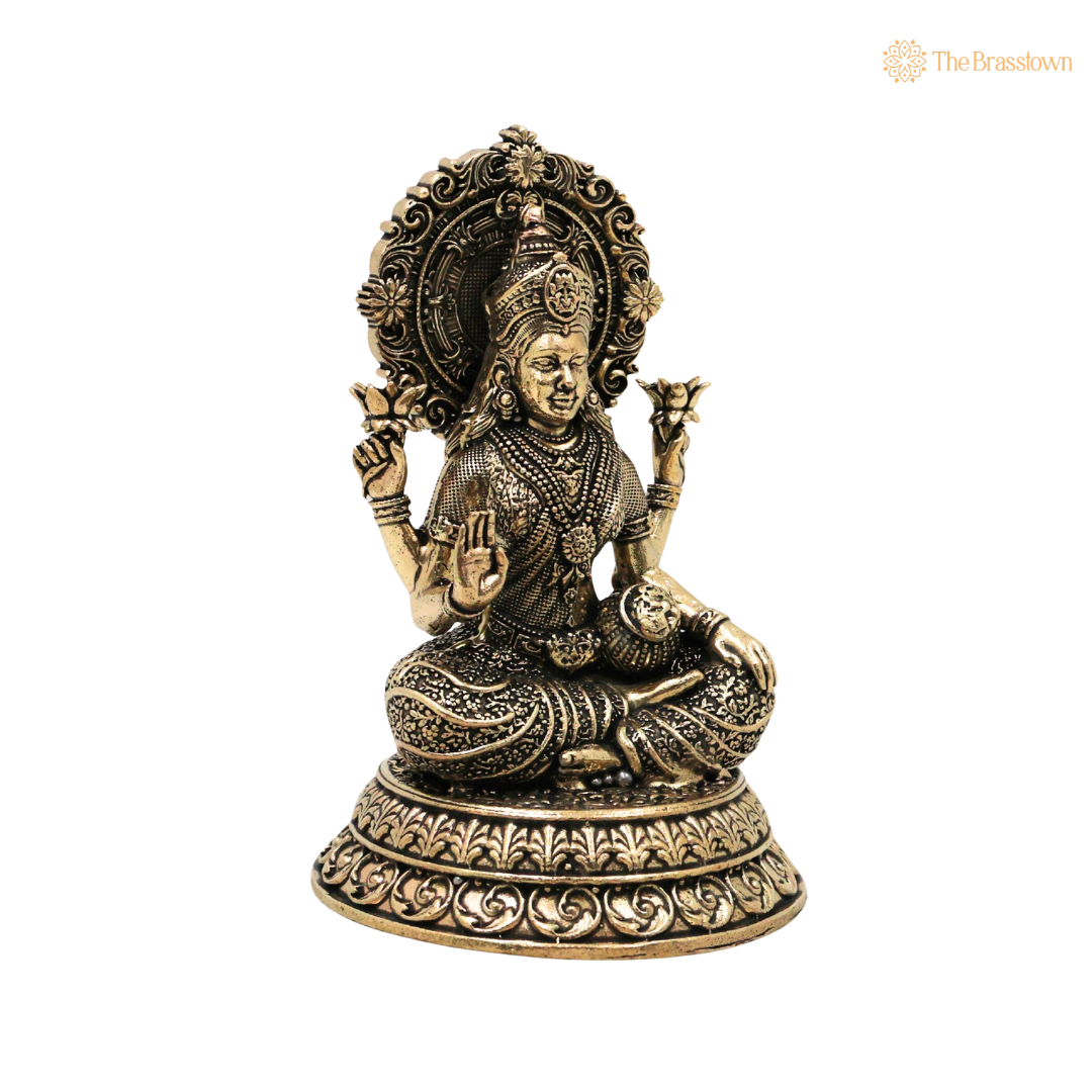 Brass Mahalakshmi Idol 5.5 Inch closeup – intricate craftsmanship