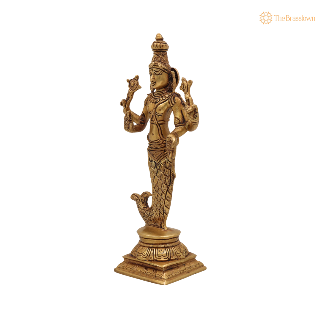Brass Lord Vishnu in Matsya 9 Inch closeup – intricate craftsmanship