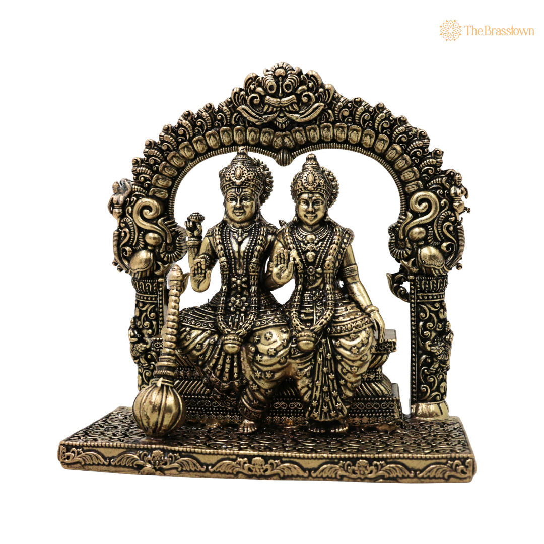 Brass Lord Vishnu and Goddess Lakshmi Idol - Handcrafted Traditional Chola Murti for Pooja Home Decor &amp; Spiritual Gifting 4.5 Inch