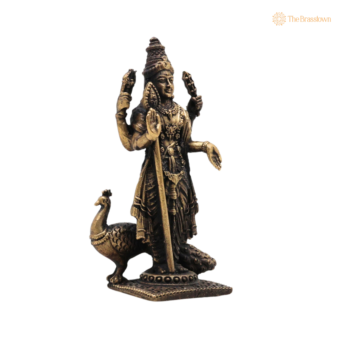 Brass Murugan Idol – Skanda / Subramanya / Kartikeya / Shanmukha Statue for Home Temple &amp; Pooja 3 Inch