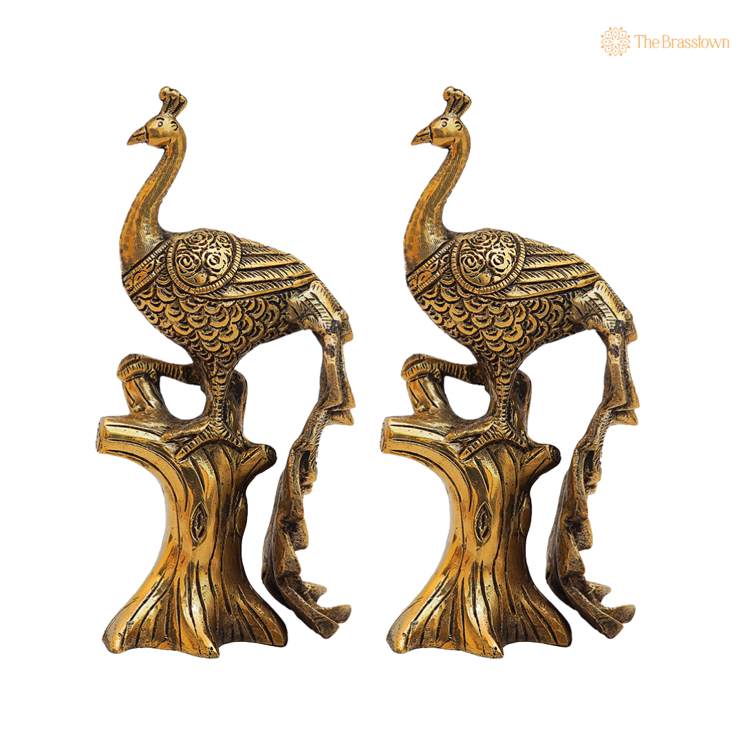 Antique Brass Peacock on Tree 8.5 Inch closeup – intricate craftsmanship