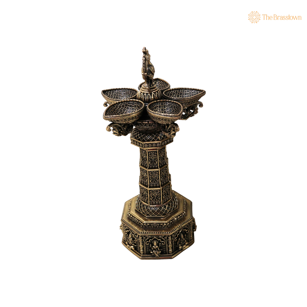 Brass  Lakshmi Peacock Vilakku Deepam – Handcrafted Peetal Oil Lamp for Pooja, Home Mandir &amp; Spiritual Décor 13 Inch