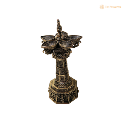 Brass  Lakshmi Peacock Vilakku Deepam – Handcrafted Peetal Oil Lamp for Pooja, Home Mandir &amp; Spiritual Décor 13 Inch
