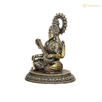 Brass Sitting Saraswati Maa Idol 2.5 Inch closeup – intricate craftsmanship
