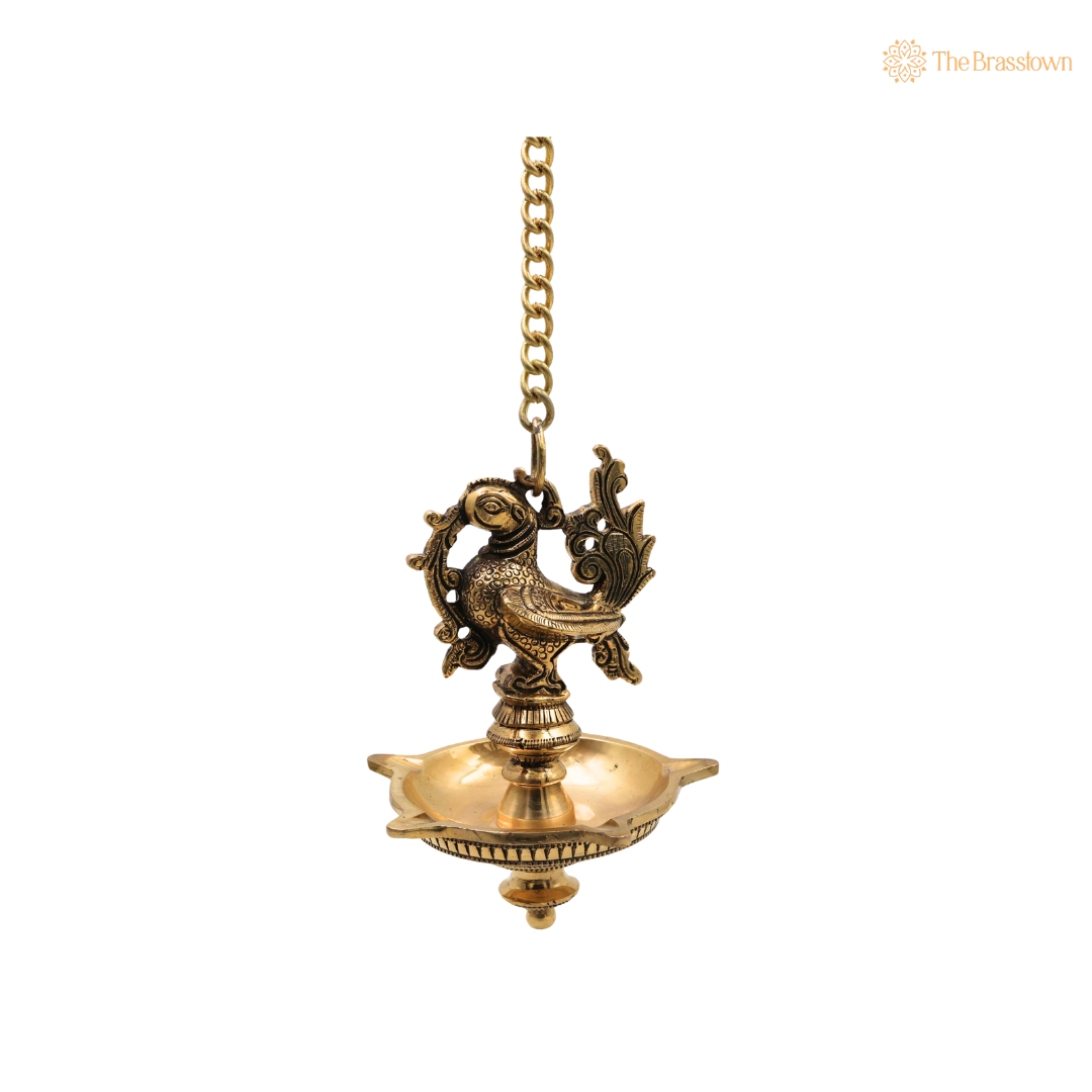 Brass Hamsa Hanging Lamp Pooja – Traditional Peetal Thooku Vilakku Deepam for Temple, Home Mandir &amp; Spiritual Décor 21.5 Inch