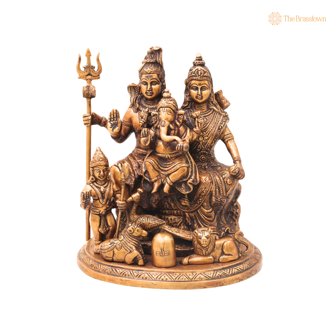 Unique chola Style Brass Shiv Parivar Idol with Nandi – Fine Golden Work Divine Family Statue for Puja &amp; Home Mandir 10 Inch