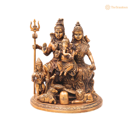Unique chola Style Brass Shiv Parivar Idol with Nandi – Fine Golden Work Divine Family Statue for Puja &amp; Home Mandir 10 Inch