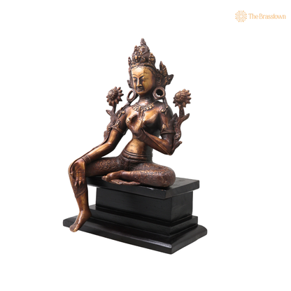 Brass Maa Tara Idol Murti on Wooden Stand – Handcrafted Mahavidya Tara Devi Statue for Pooja, Home Mandir, Spiritual Décor &amp; Gifting 17 Inch