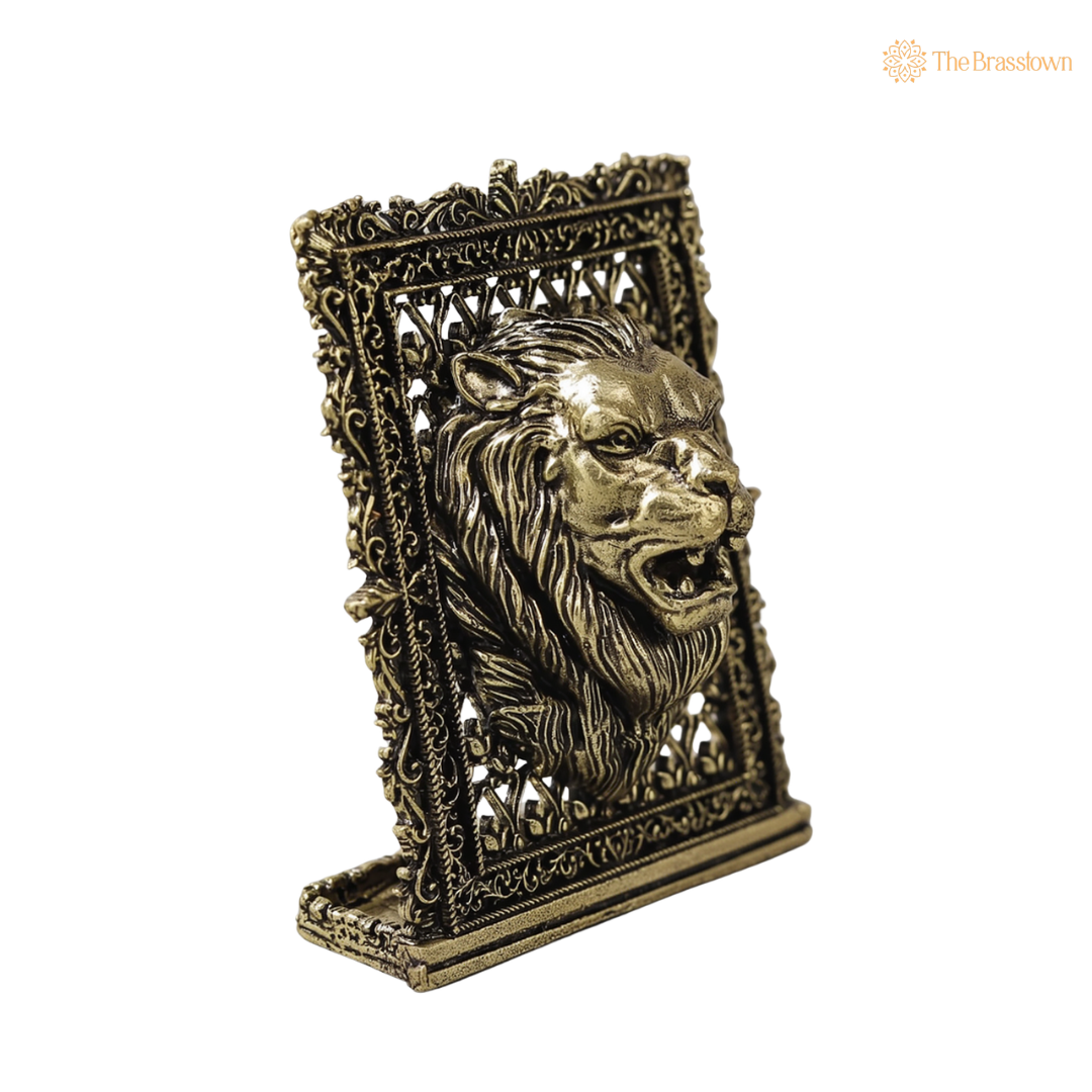 Brass Lion Face Panel – Fine Handcrafted Simha Mukh Wall Plaque for Car Dashboard, Home Décor &amp; Spiritual Protection 3 Inch