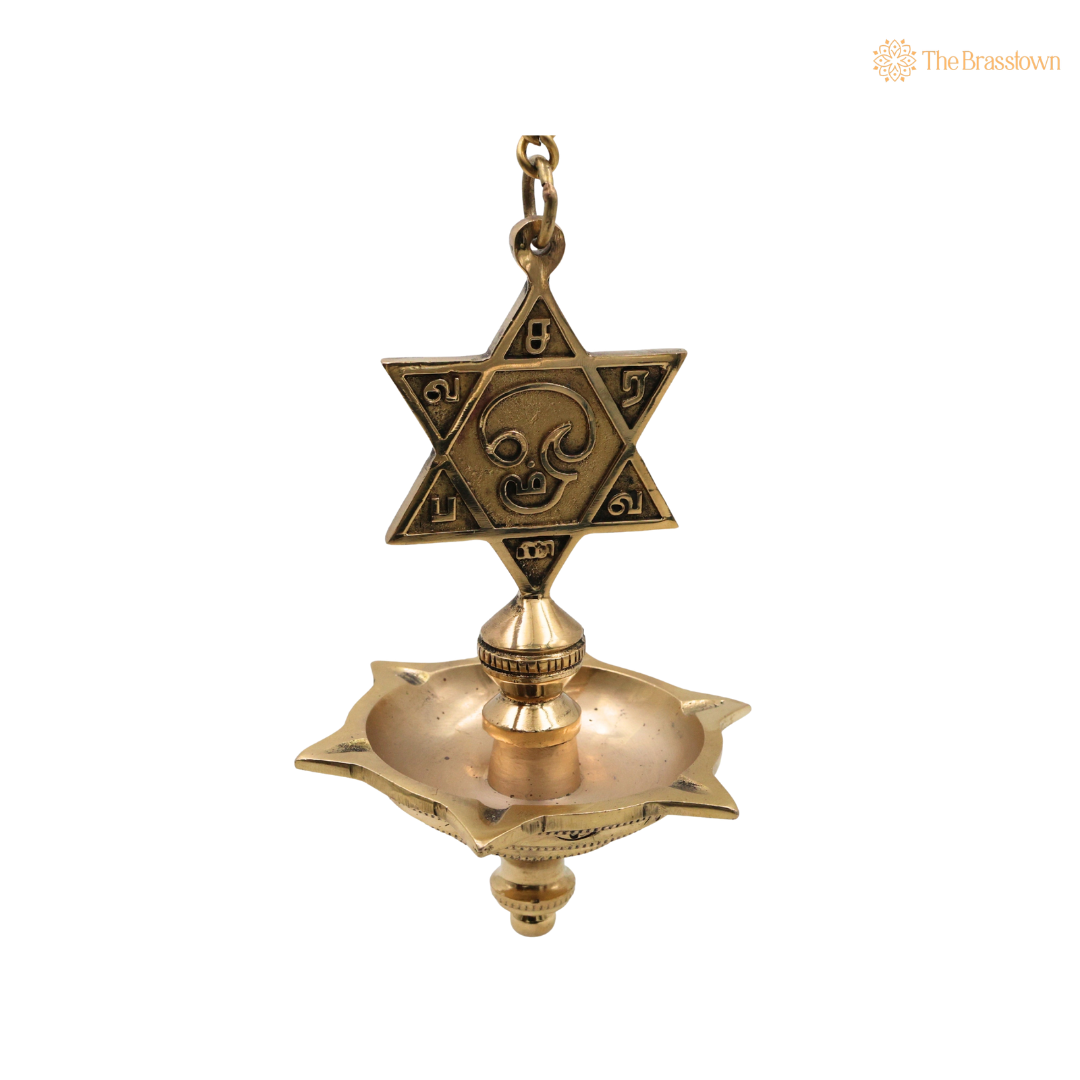 Hanging Brass Lamp with Star – Traditional Peetal Thooku Vilakku Deepam for Temple, Home Mandir &amp; Spiritual Décor 22 Inch