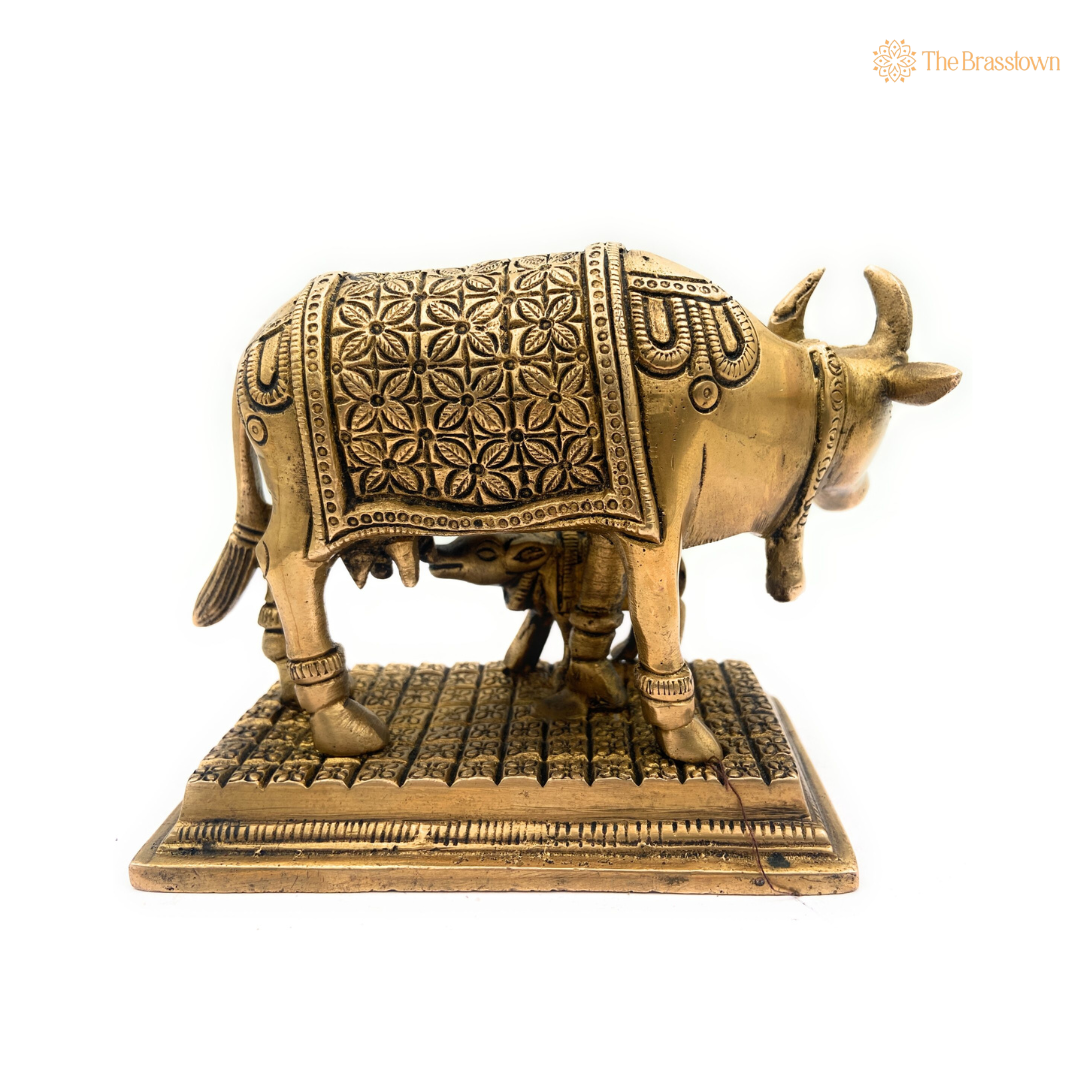 Sacred Brass Cow and Calf Figurine 5 inch