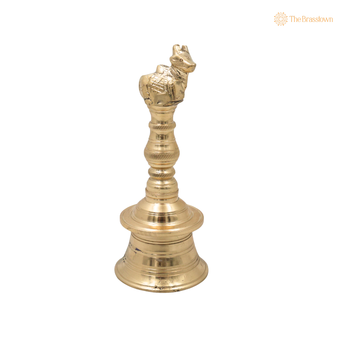 Brass Nandi Bull Bell Ghanti – Sacred Nandikeshwara Peetal Pooja Bell for Home Mandir, Temple &amp; Spiritual Décor 6.5 Inch