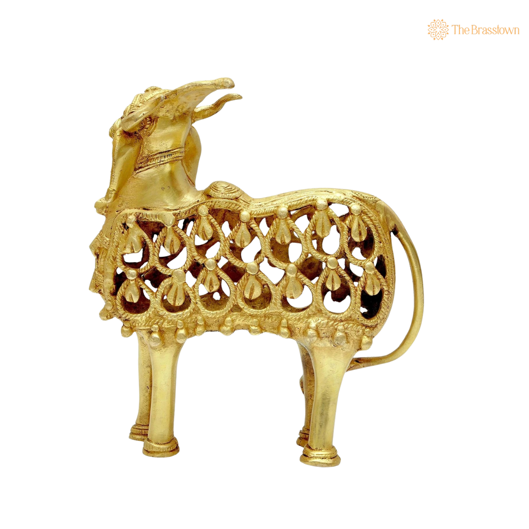 Antique Brass Tribal Cow Showpiece 9 Inch closeup – intricate craftsmanship