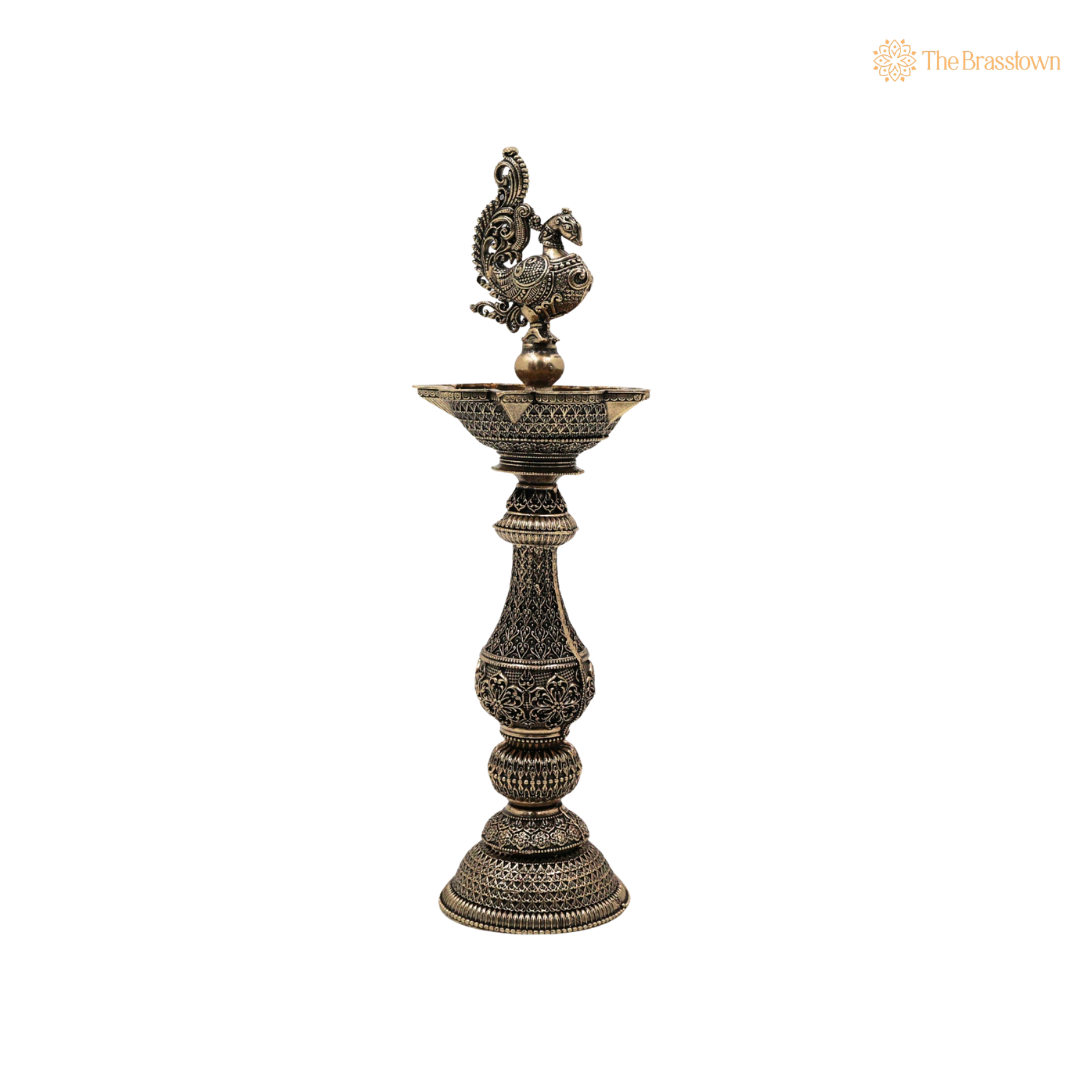 Brass Traditional Peacock Deepam Diya 8 Inch closeup – intricate craftsmanship