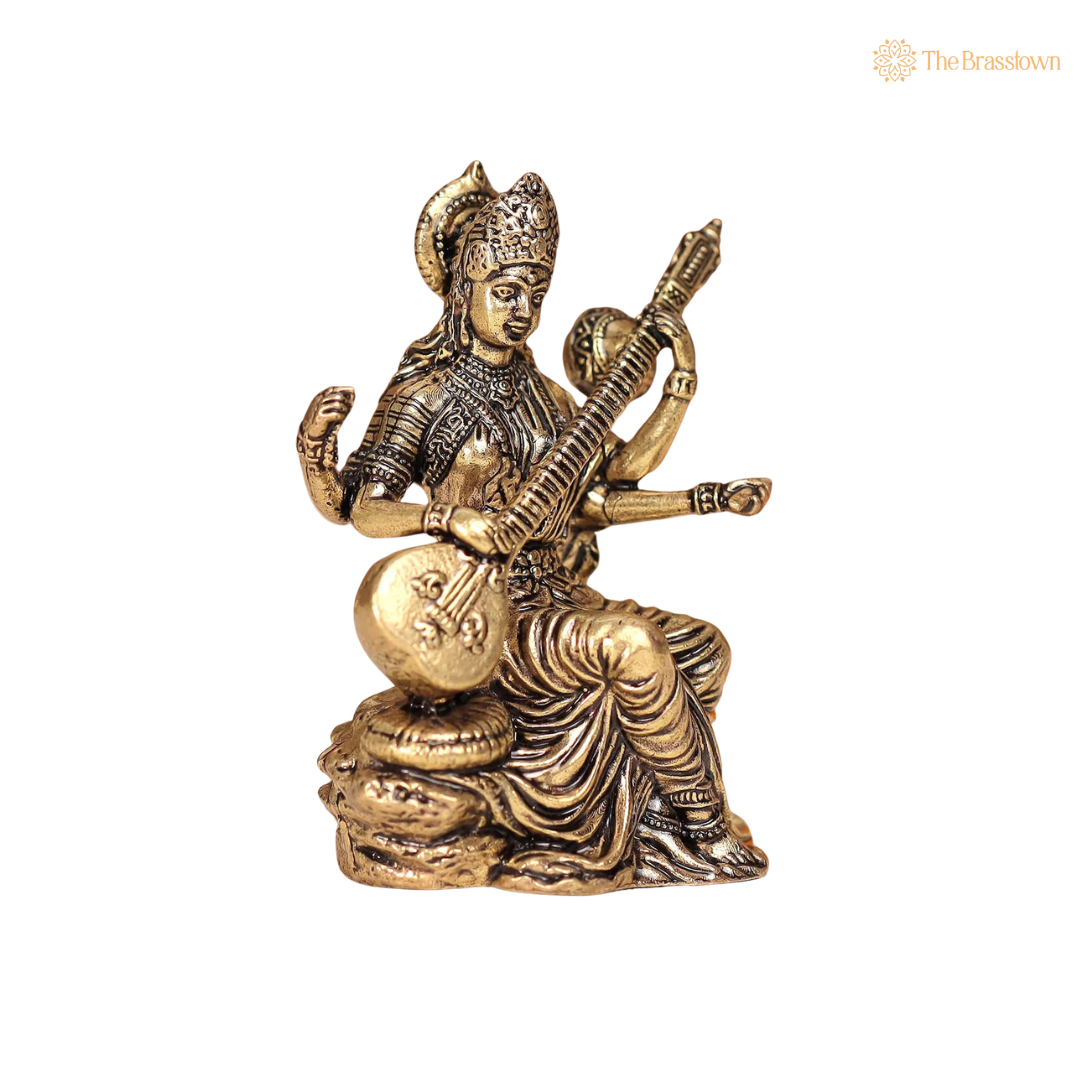Brass Saraswati Idol 3 Inch closeup – intricate craftsmanship