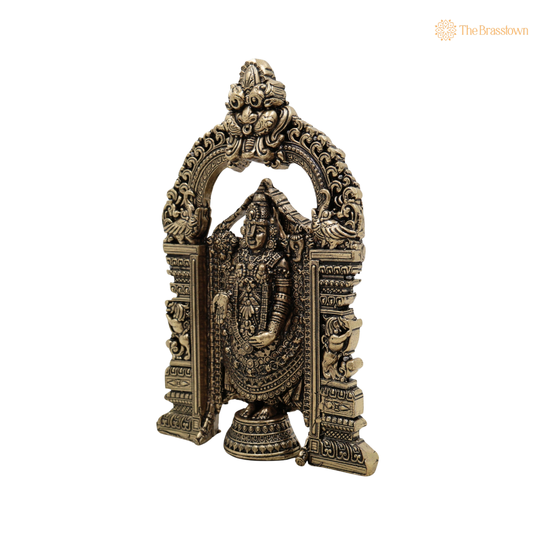 Brass Venkateshvara Idol WIth Prabhavali 6 Inch side view – antique finish detail
