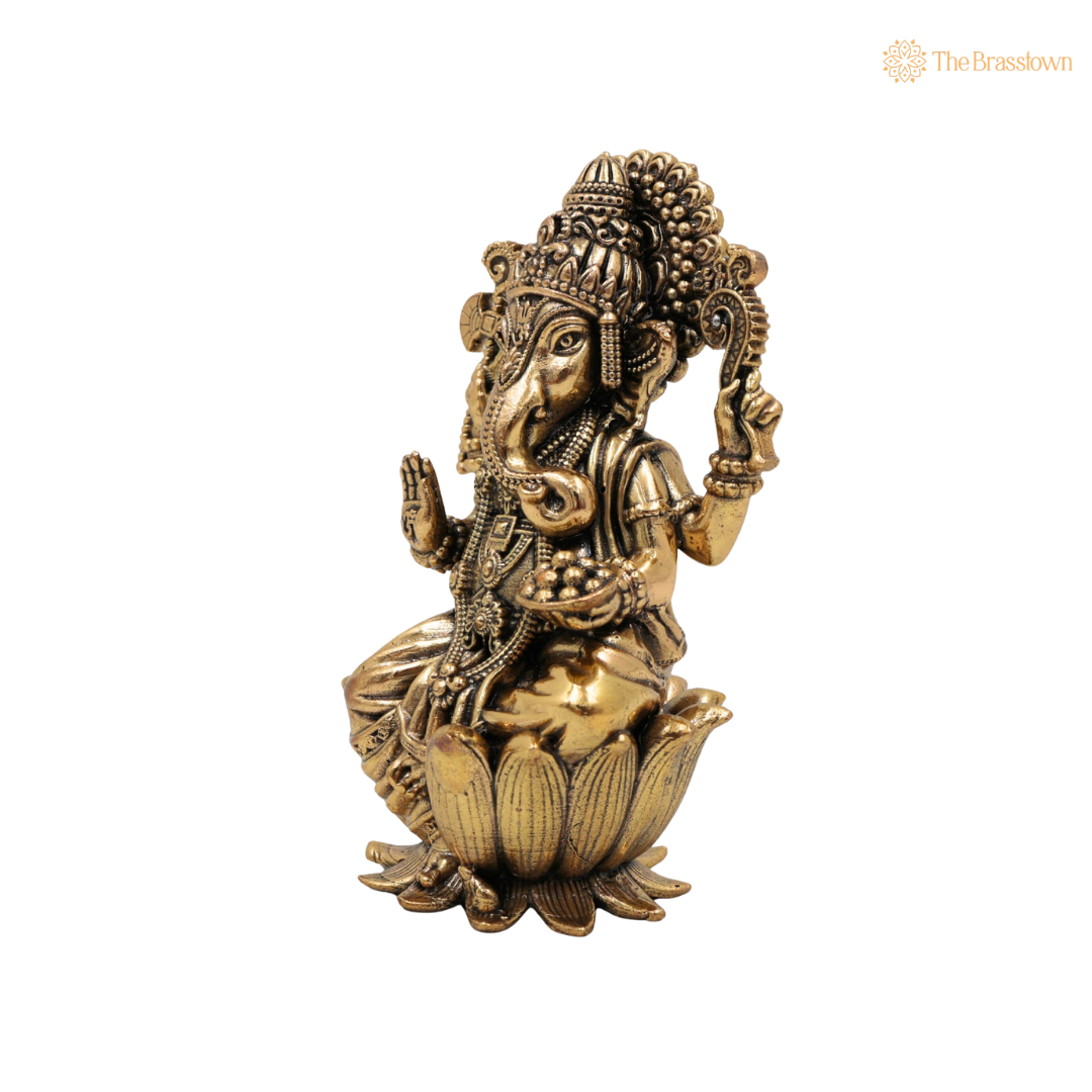 Handcrafted Brass Ganpati Bappa Idol 4 Inch closeup – intricate craftsmanship