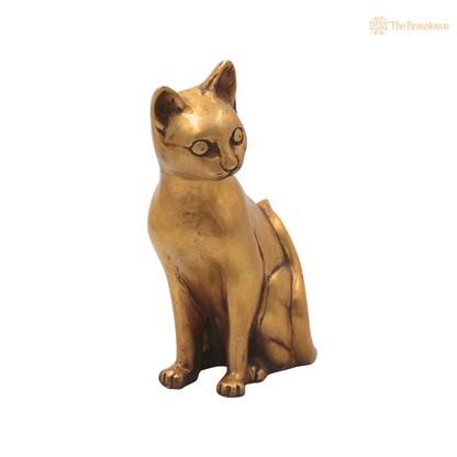 Brass Cat Idol – Handcrafted Cat Sculpture for Vastu, Home Décor, Pooja &amp; Luxury Gifting 8 Inch