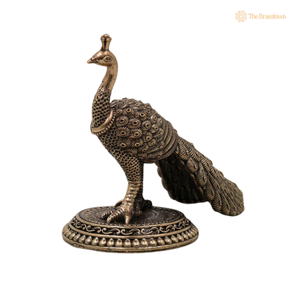 Divine Brass Peacock Idol 3.5 Inch closeup – intricate craftsmanship