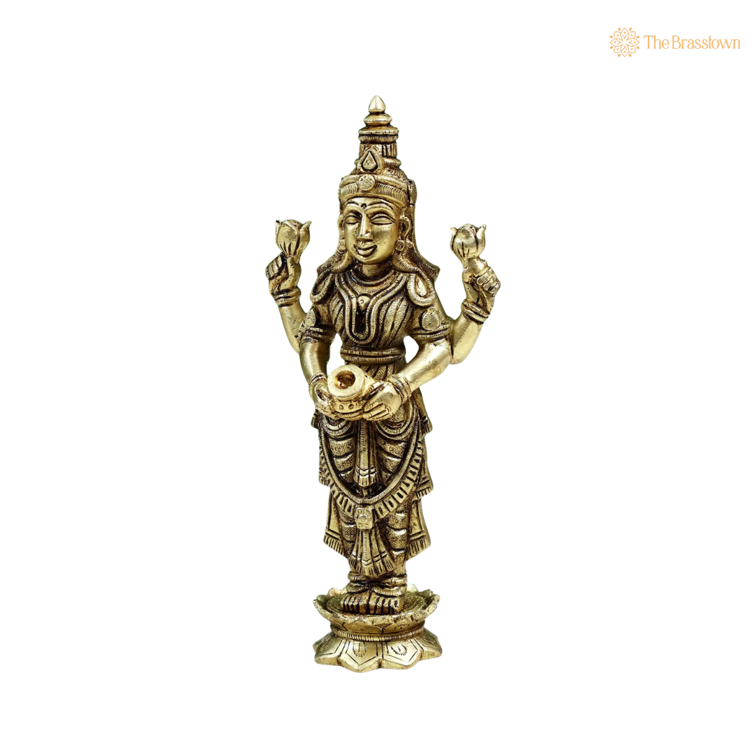 Brass Standing Goddess Lakshmi Idol 8 Inch closeup – intricate craftsmanship
