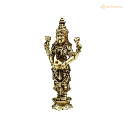 Brass Standing Goddess Lakshmi Idol 8 Inch closeup – intricate craftsmanship