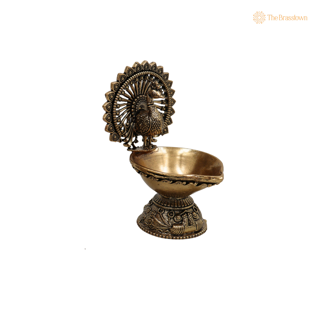 Brass Superfine Designer Peacock Diya 4 Inch closeup – intricate craftsmanship