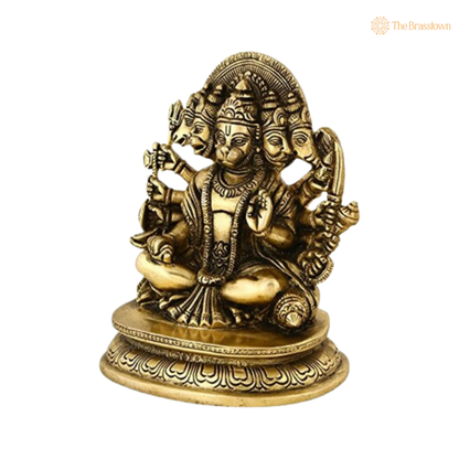 Brass Panchmukhi Hanuman Seated Idol 7 Inch closeup – intricate craftsmanship
