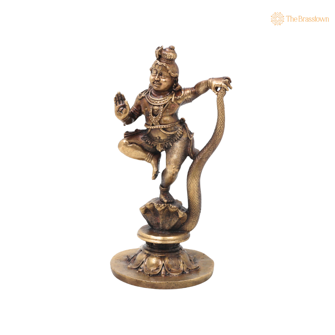 Brass Kaliya Mardana Krishna Idol – Handcrafted Chola Style Kaliya Daman Govinda Murti for Pooja, Home Mandir, Décor &amp; Spiritual Gifting 5.5 Inch