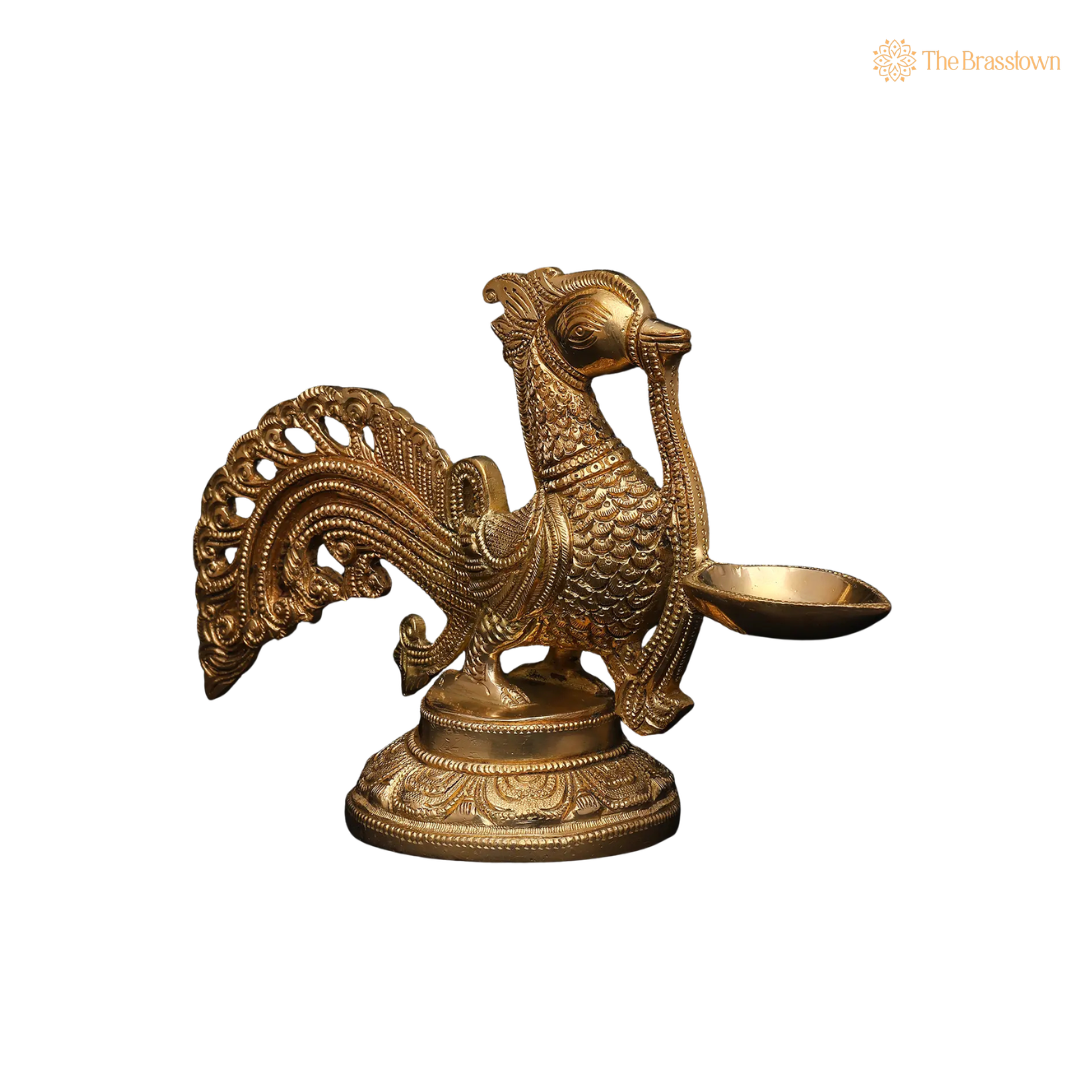 Antique Brass Bird Diya Oil 6 Inch closeup – intricate craftsmanship